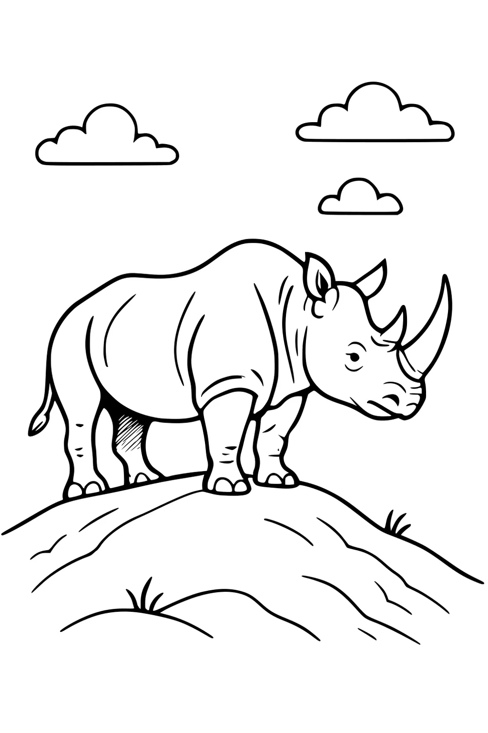 Rhinoceros with two horns stands on a grassy hill with clouds in the sky above.