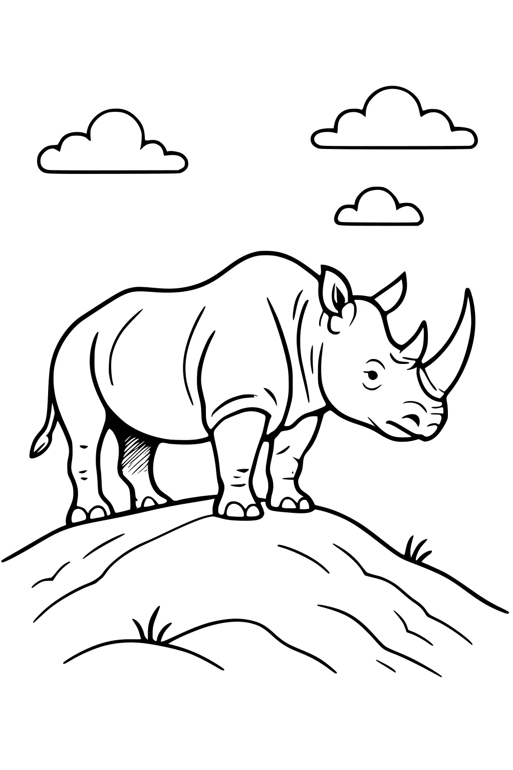 Rhinoceros with two horns stands on a grassy hill with clouds in the sky above.