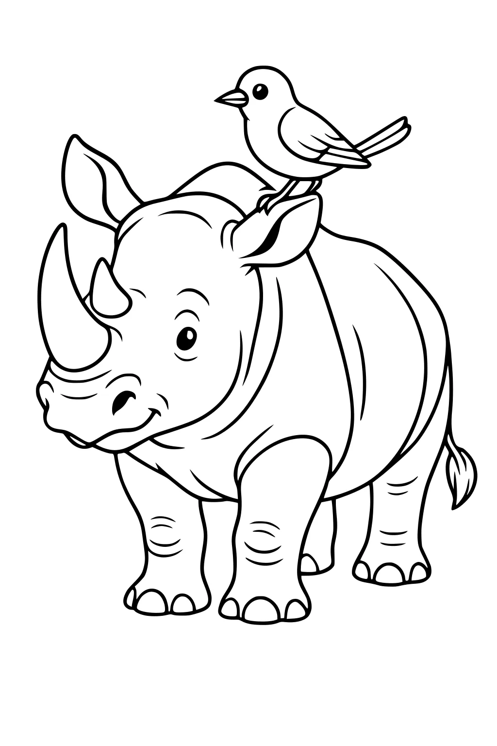 A rhinoceros stands with a bird perched on its ear. Both animals face forward and appear friendly and calm.