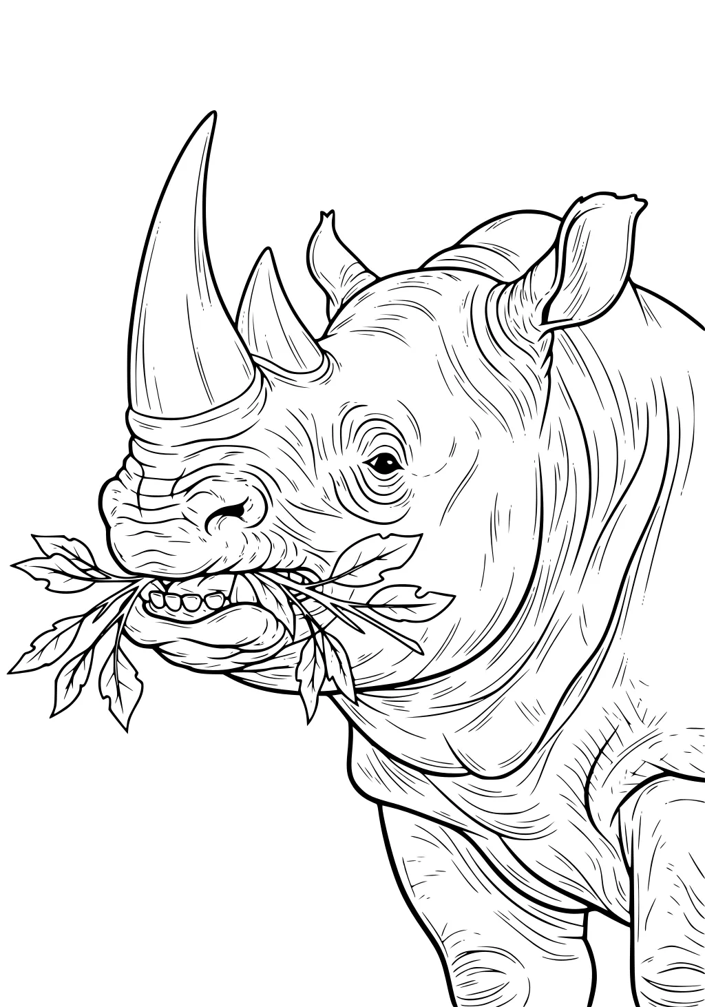 A rhinoceros with two horns eating leafy branches, showing wrinkled skin and large ears, facing forward.