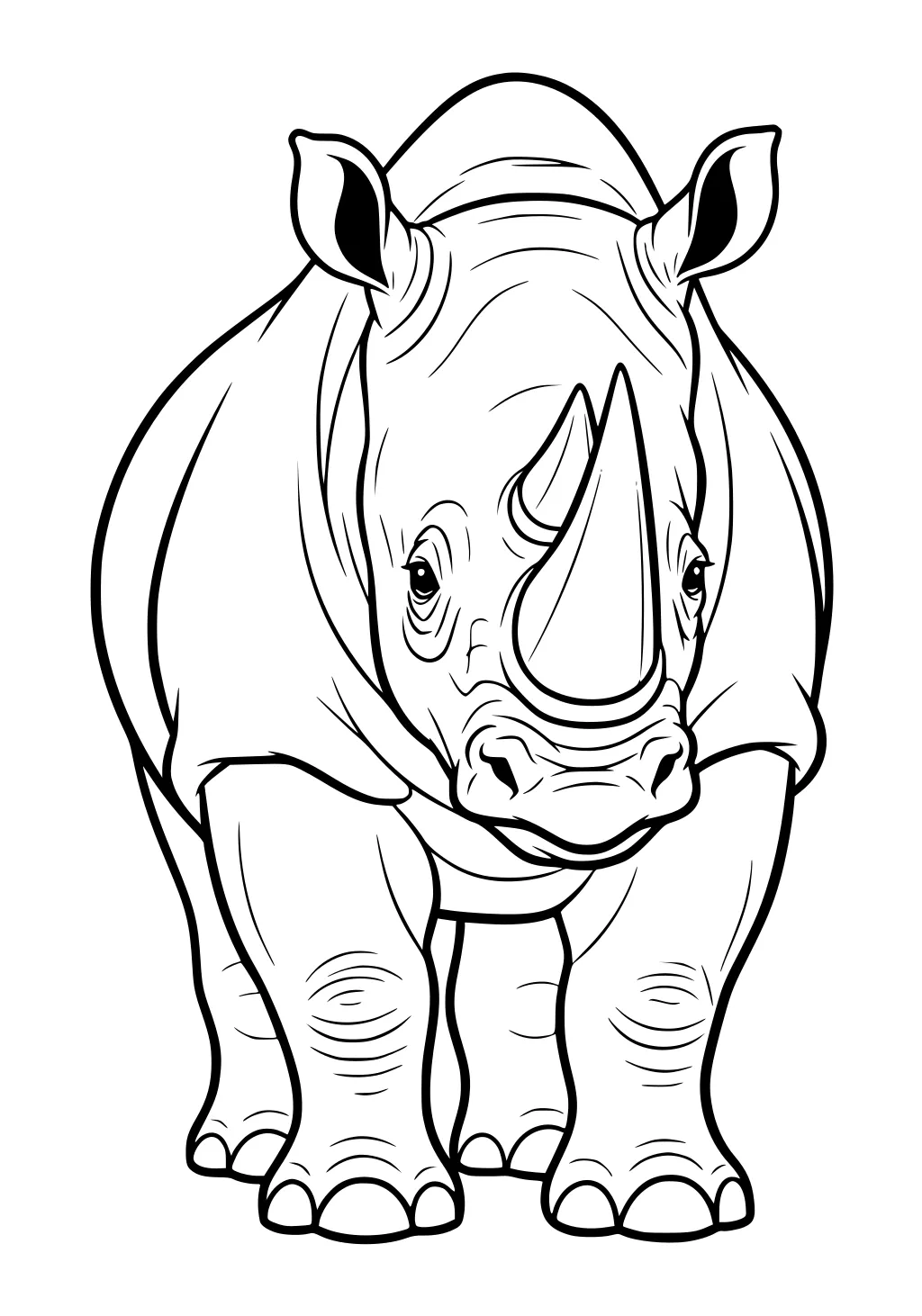 Front-facing rhinoceros with one big horn, large ears, wrinkled skin, and sturdy legs. No background details.