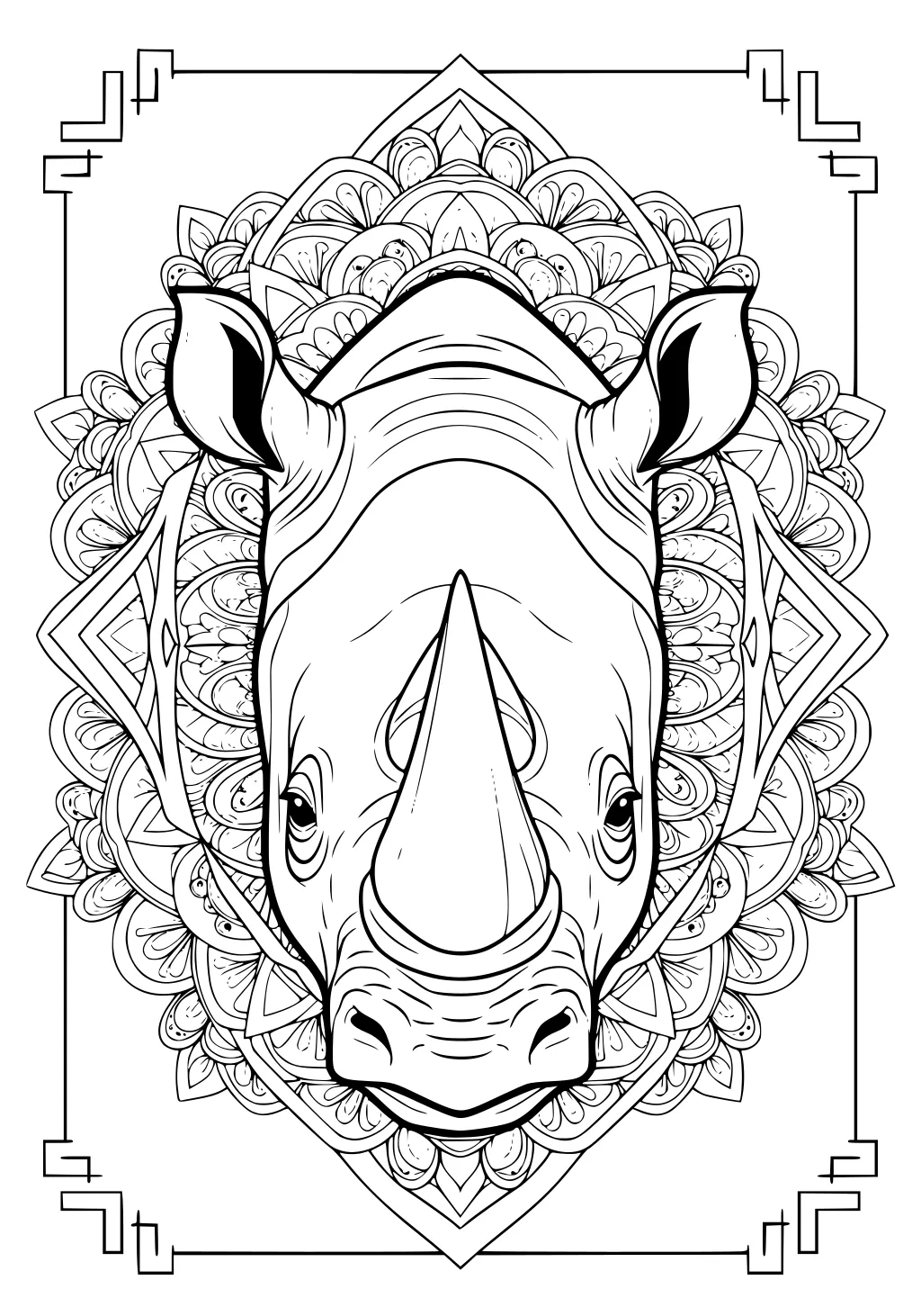 Rhinoceros face centered in a mandala-style floral and geometric design with bold outlines.