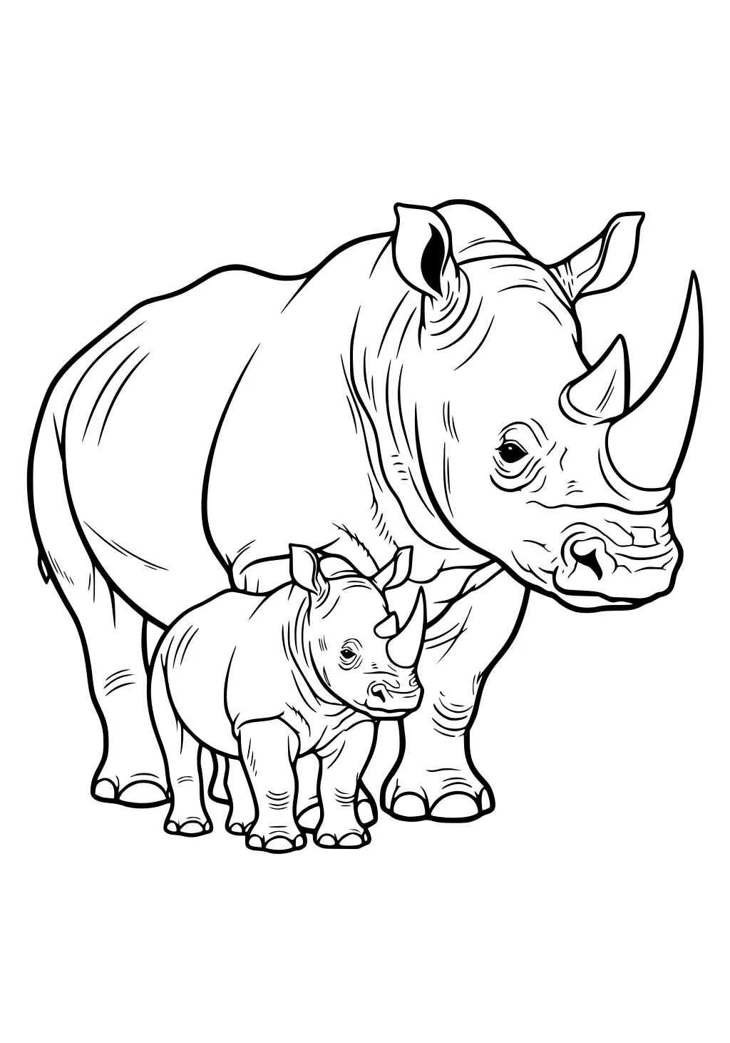 Mother rhinoceros with two horns standing next to her calf, both facing forward.