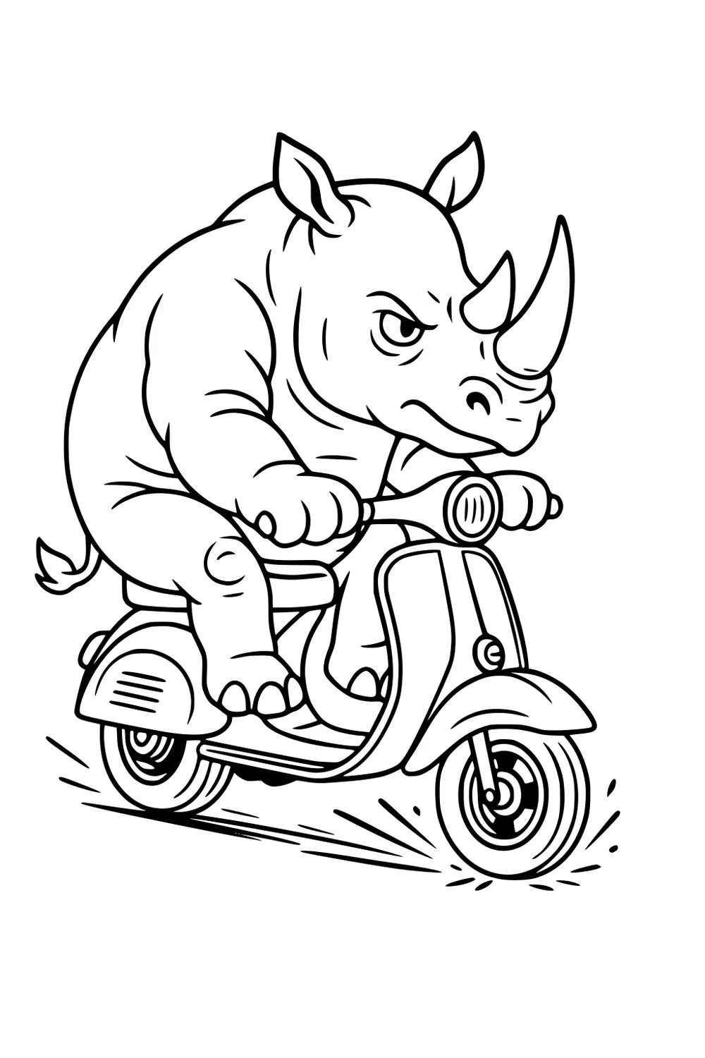 A rhinoceros leans forward riding a scooter with both hands on the handlebars and wheels in motion.