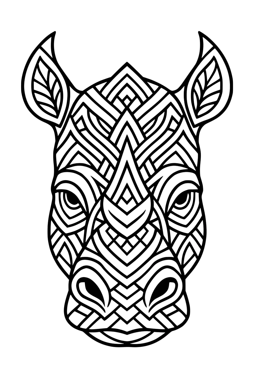 Rhinoceros head with bold zigzag and diamond patterns, big horn and ears, outlined in thick black lines.