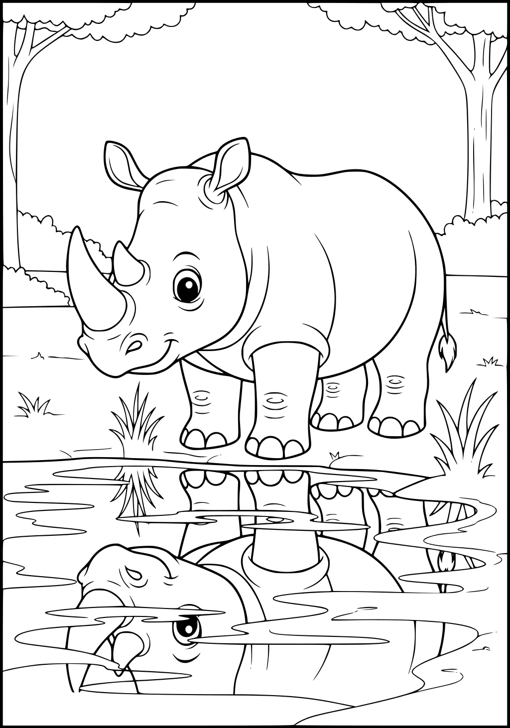 Young rhinoceros looking at its reflection in a pond, with grass and trees in the background.