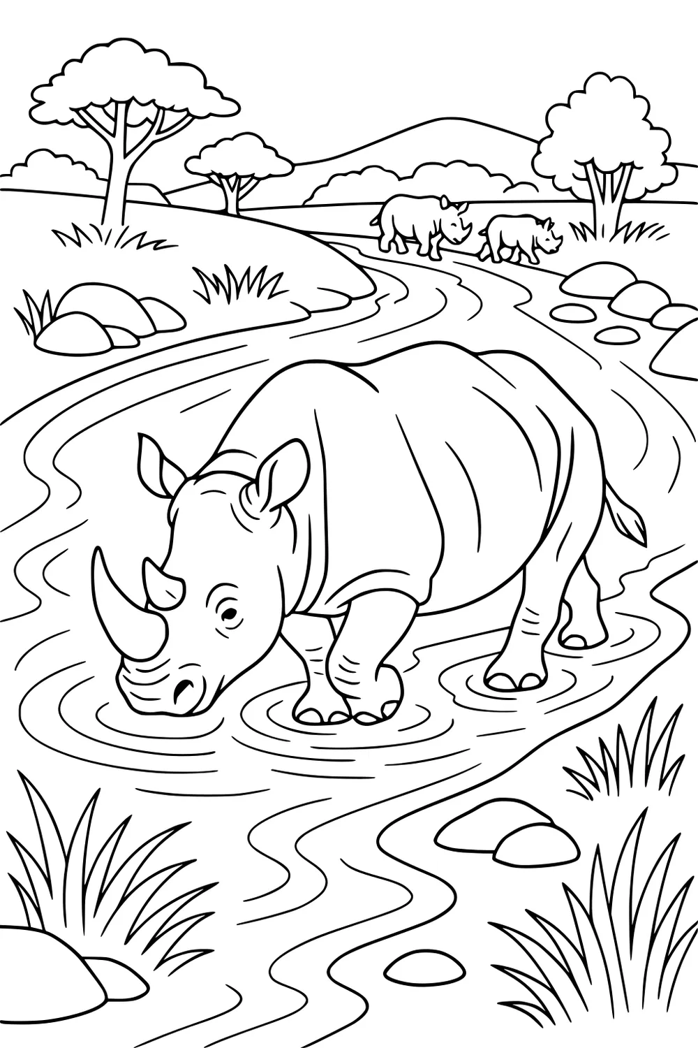 Large rhino standing in a river with two smaller rhinos and trees in the grassy background.