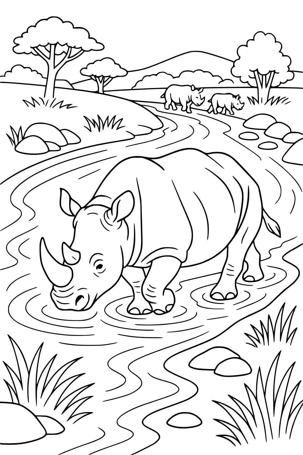 Large rhino standing in a river with two smaller rhinos and trees in the grassy background.