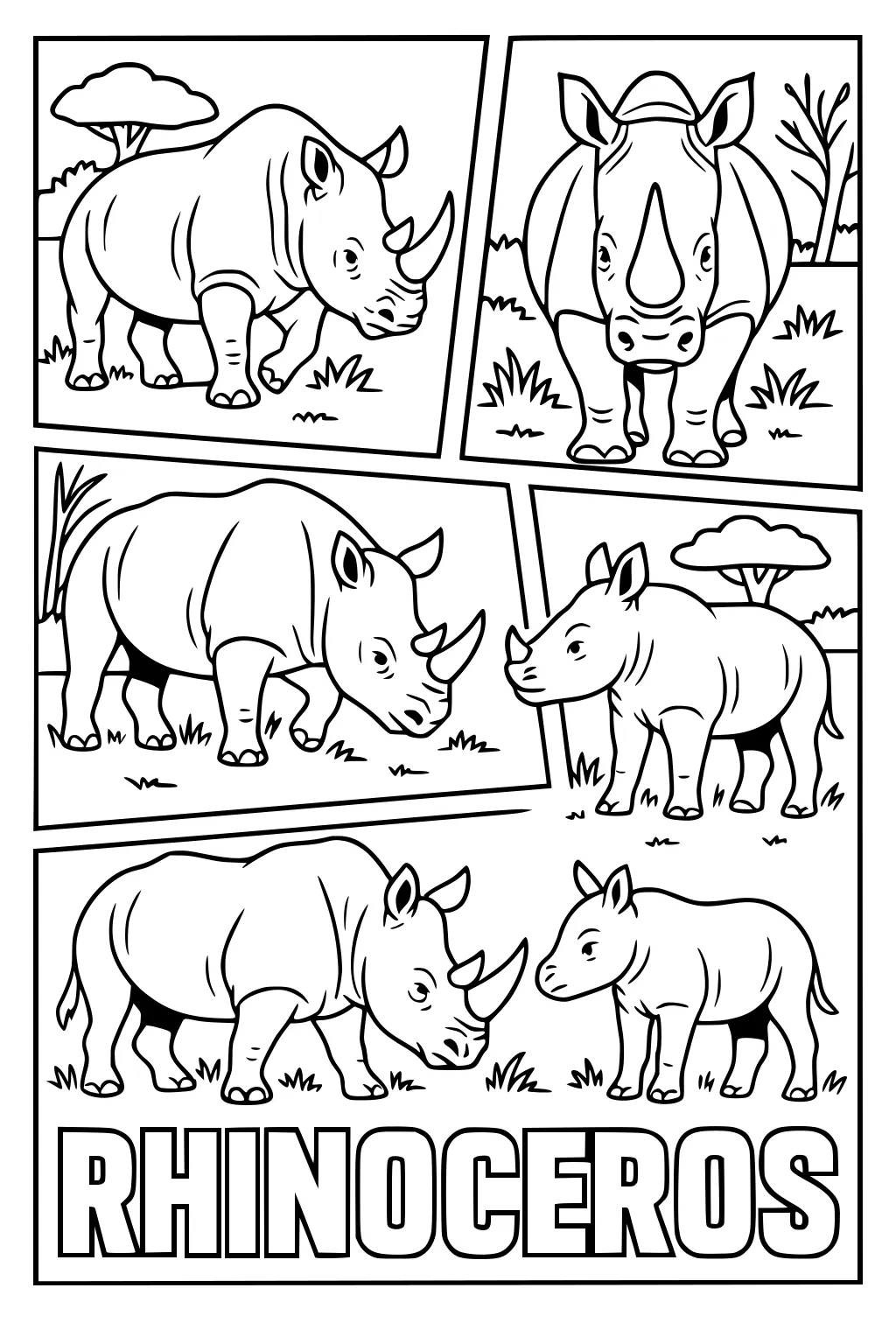 Five rhinoceroses in comic panels with grass, trees, and large RHINOCEROS text at the bottom.