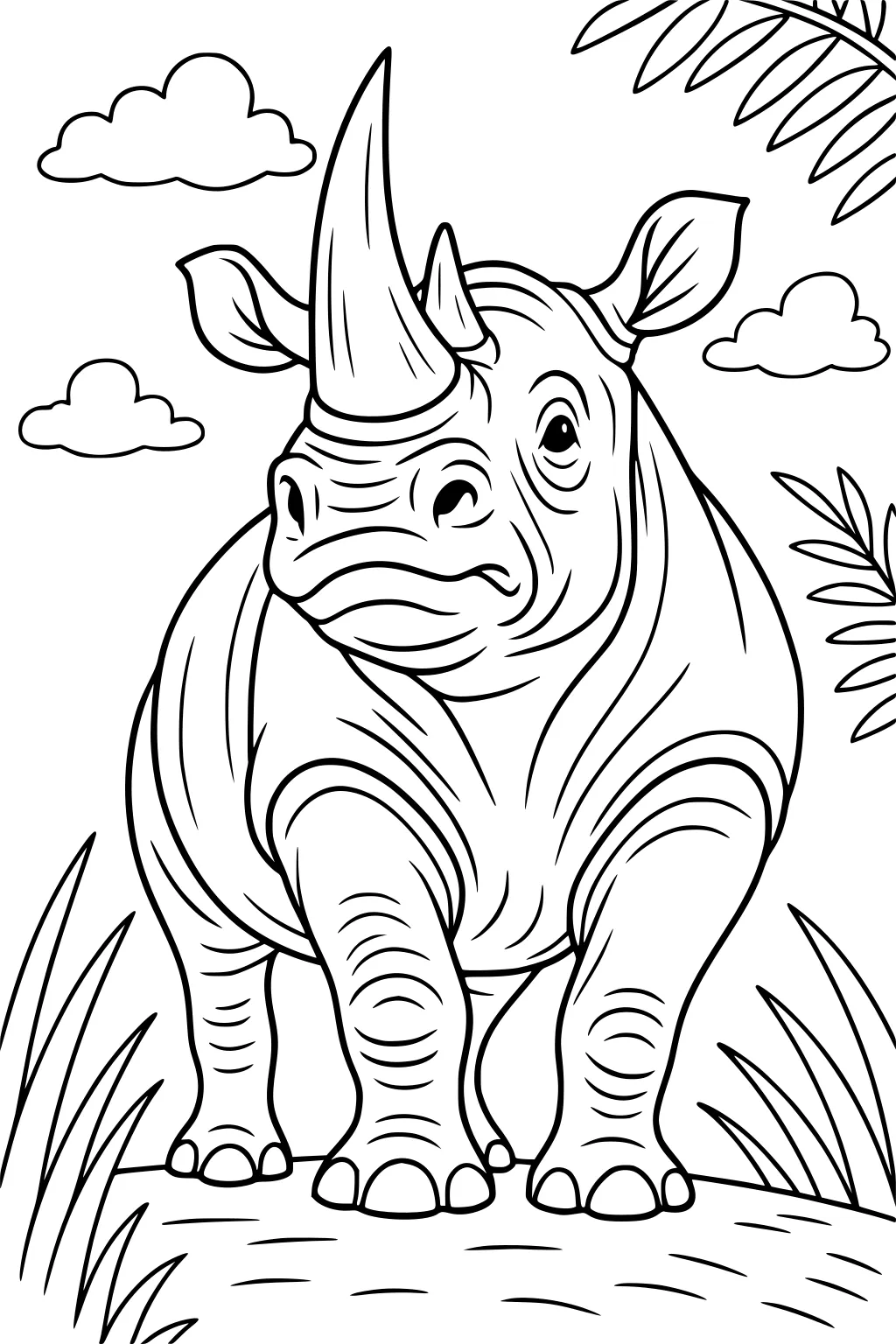 Rhinoceros with big horn and wrinkled skin standing among grass, leaves, and three clouds in the sky.