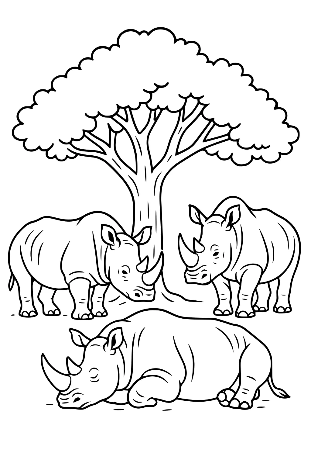 Three rhinoceroses under a large tree, two standing and one sleeping on the ground.
