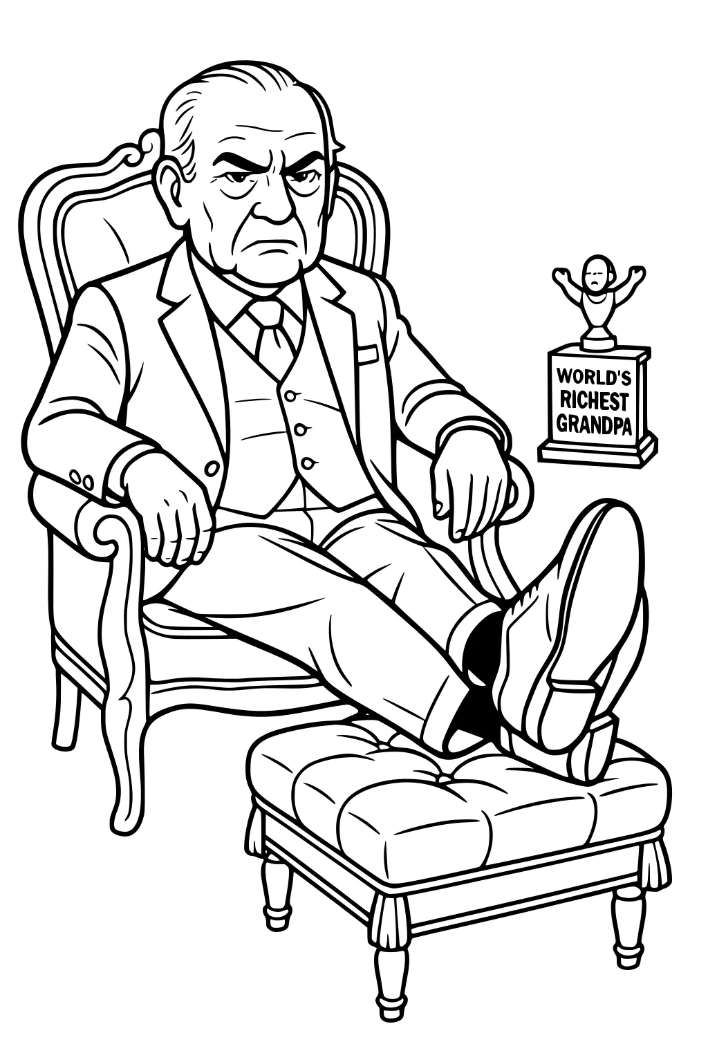 Elderly grandpa in suit sits in ornate armchair, feet on tufted ottoman, with a Worlds Richest Grandpa trophy beside him.