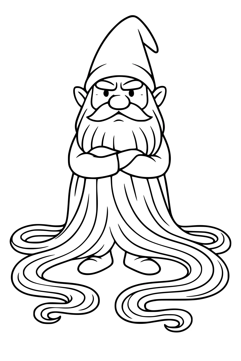 Bearded gnome with a pointed hat, arms crossed, stern face, and an extra-long wavy beard curling around his tiny shoes.
