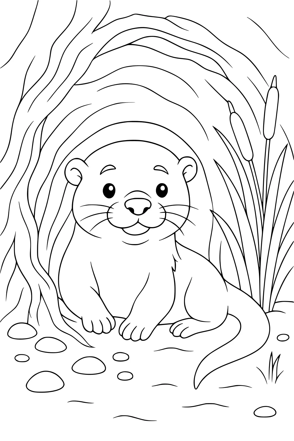 A smiling otter sits in front of her den, surrounded by cattails, rocks, and tree roots by the riverbank.