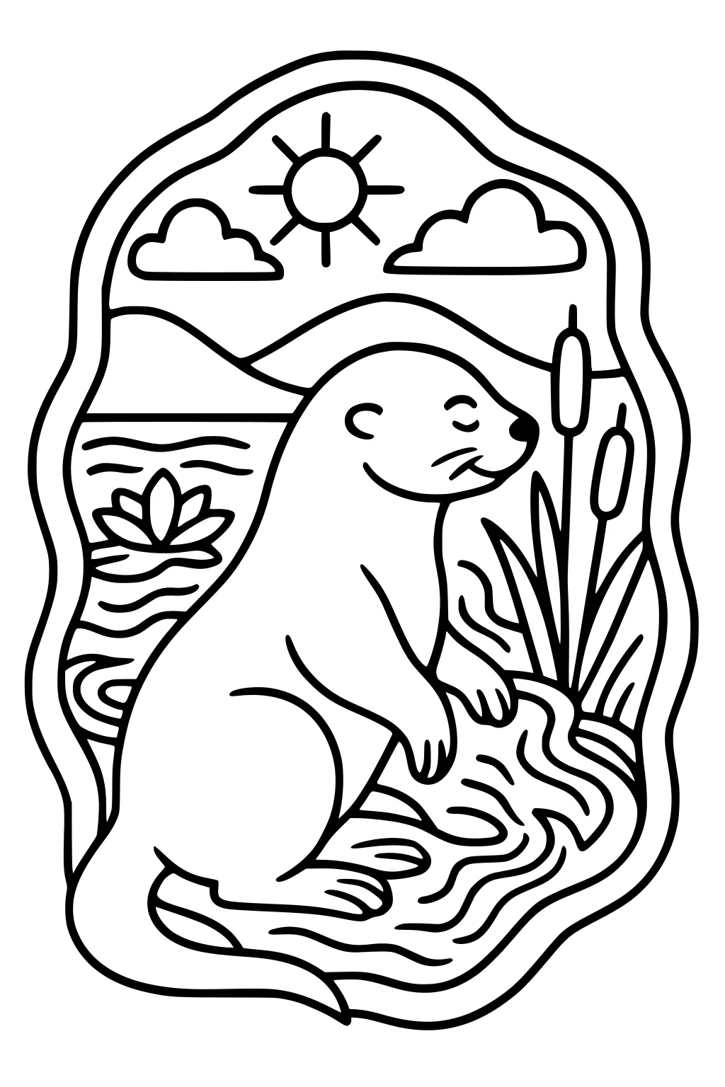 Otter sits on a riverbank near cattails, a lily pad, hills, sun, and clouds outlined in a simple cartoon style.