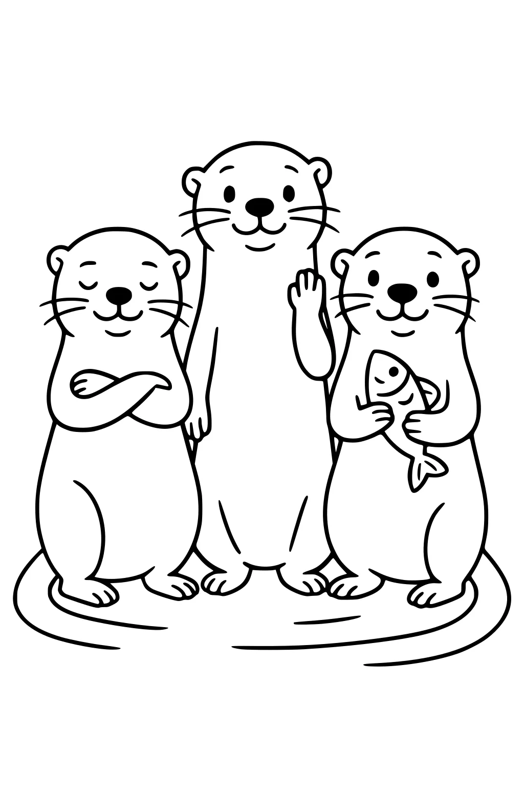 Three otters standing together, one folding arms, one waving, one holding a fish, all smiling.