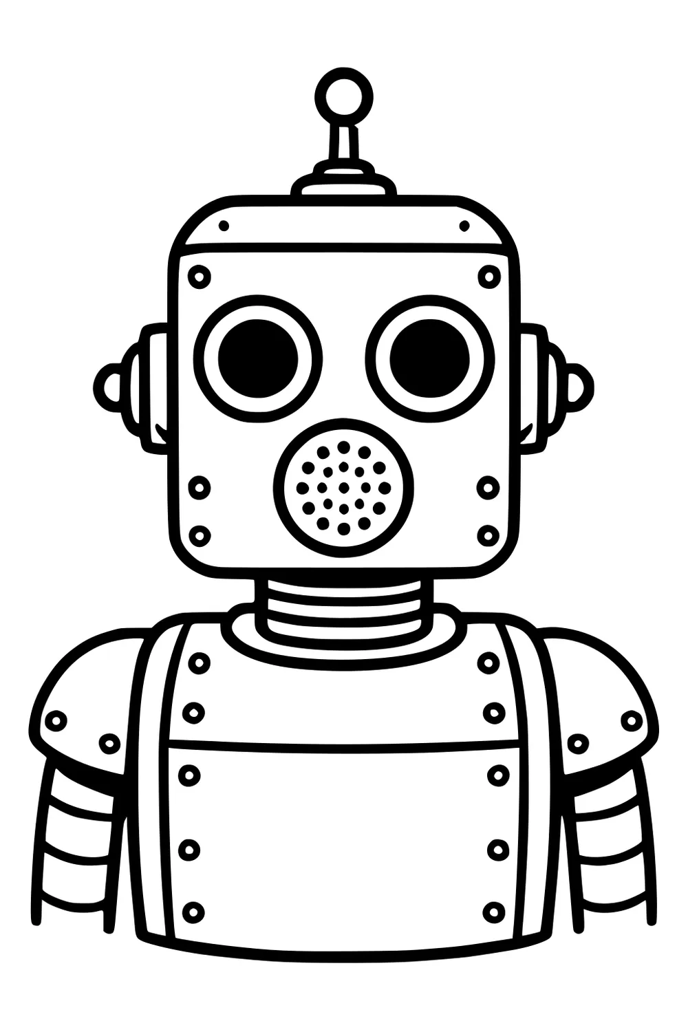 Cartoon robot with square head, round eyes, small antenna, dotted mouth, riveted chest, shoulder pads, and segmented arms.