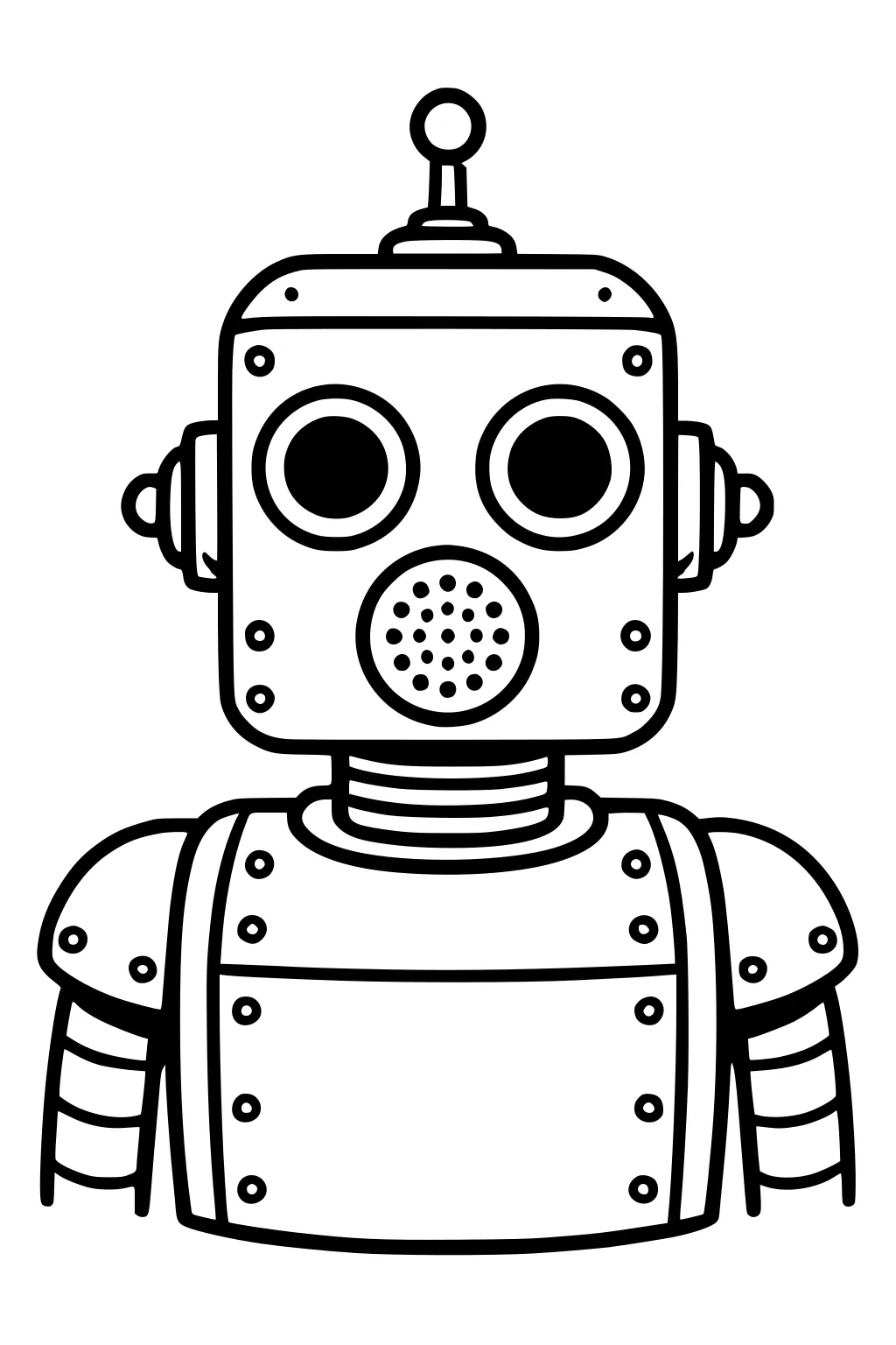 Cartoon robot with square head, round eyes, small antenna, dotted mouth, riveted chest, shoulder pads, and segmented arms.