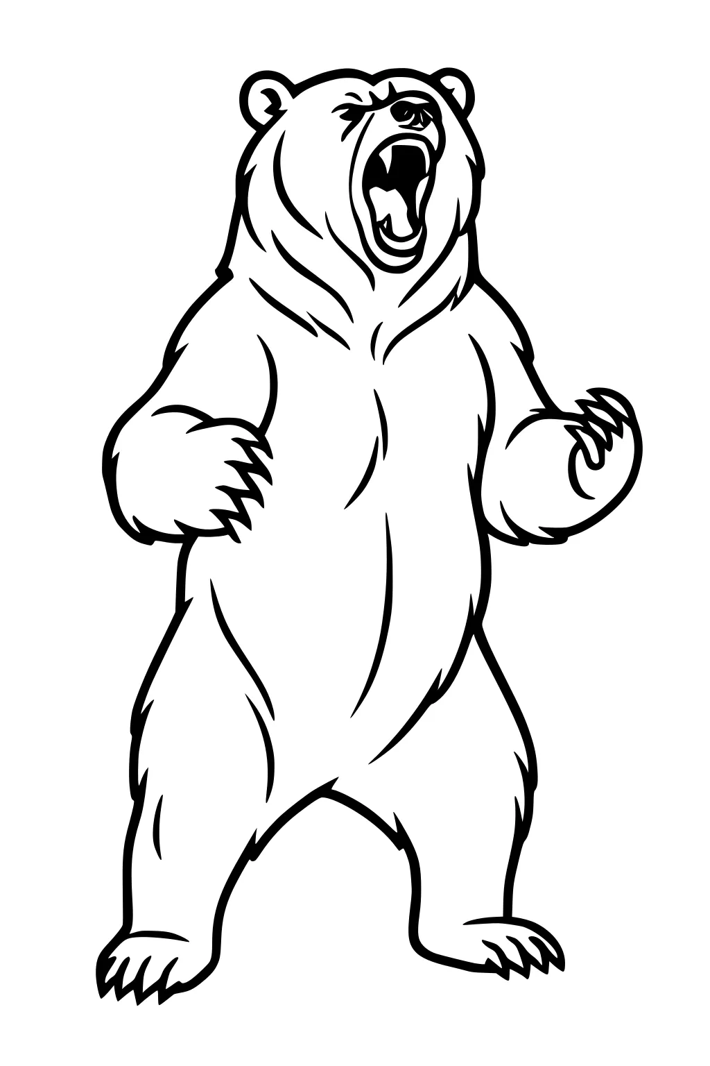 Large bear standing upright with mouth open wide and claws outstretched.