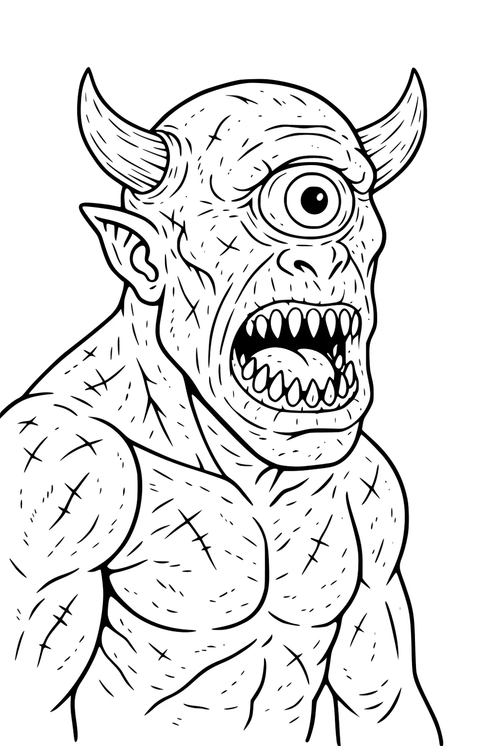 One-eyed cyclops giant with horns, pointy ear, open mouth of sharp teeth, and muscular torso in black-and-white line art.