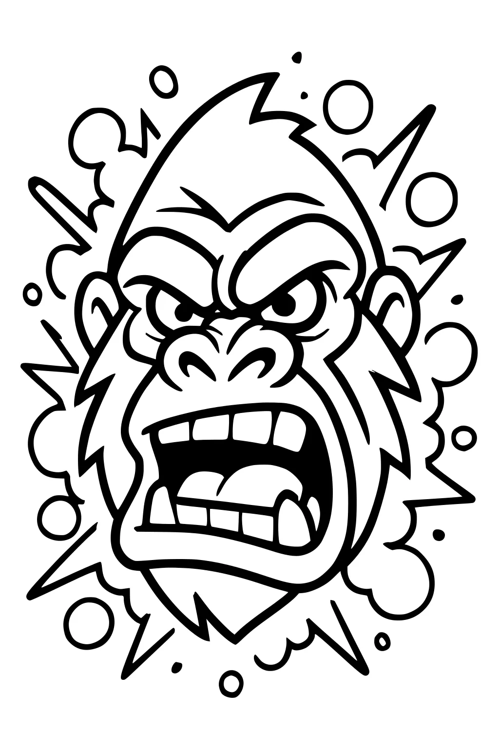Cartoon gorilla face roaring, mouth open, spiky hair, comic explosion shapes in the background.
