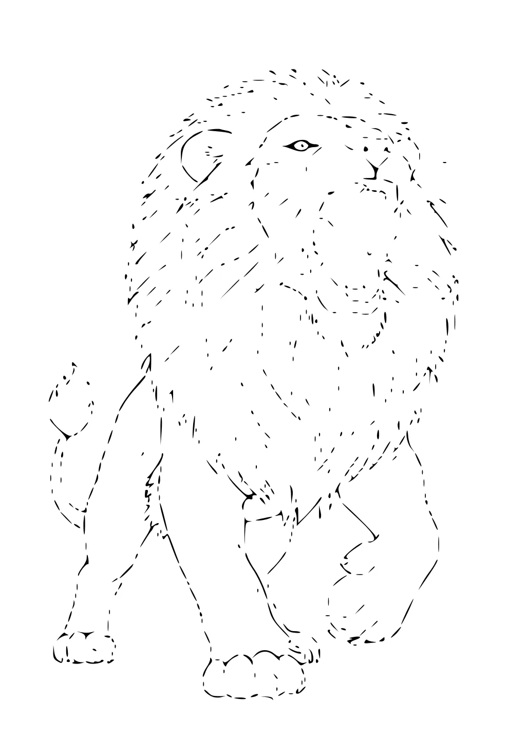 Roaring lion with big mane, open mouth showing sharp teeth, lifted paw, and detailed linework.