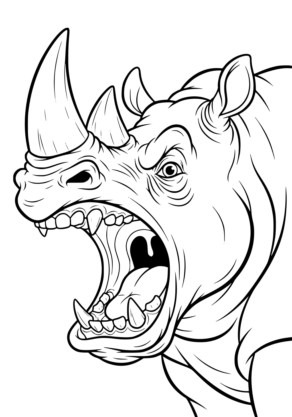 Line drawing of a rhinoceros with mouth open wide, showing teeth, tongue, two horns, an eye, skin folds, and ears.