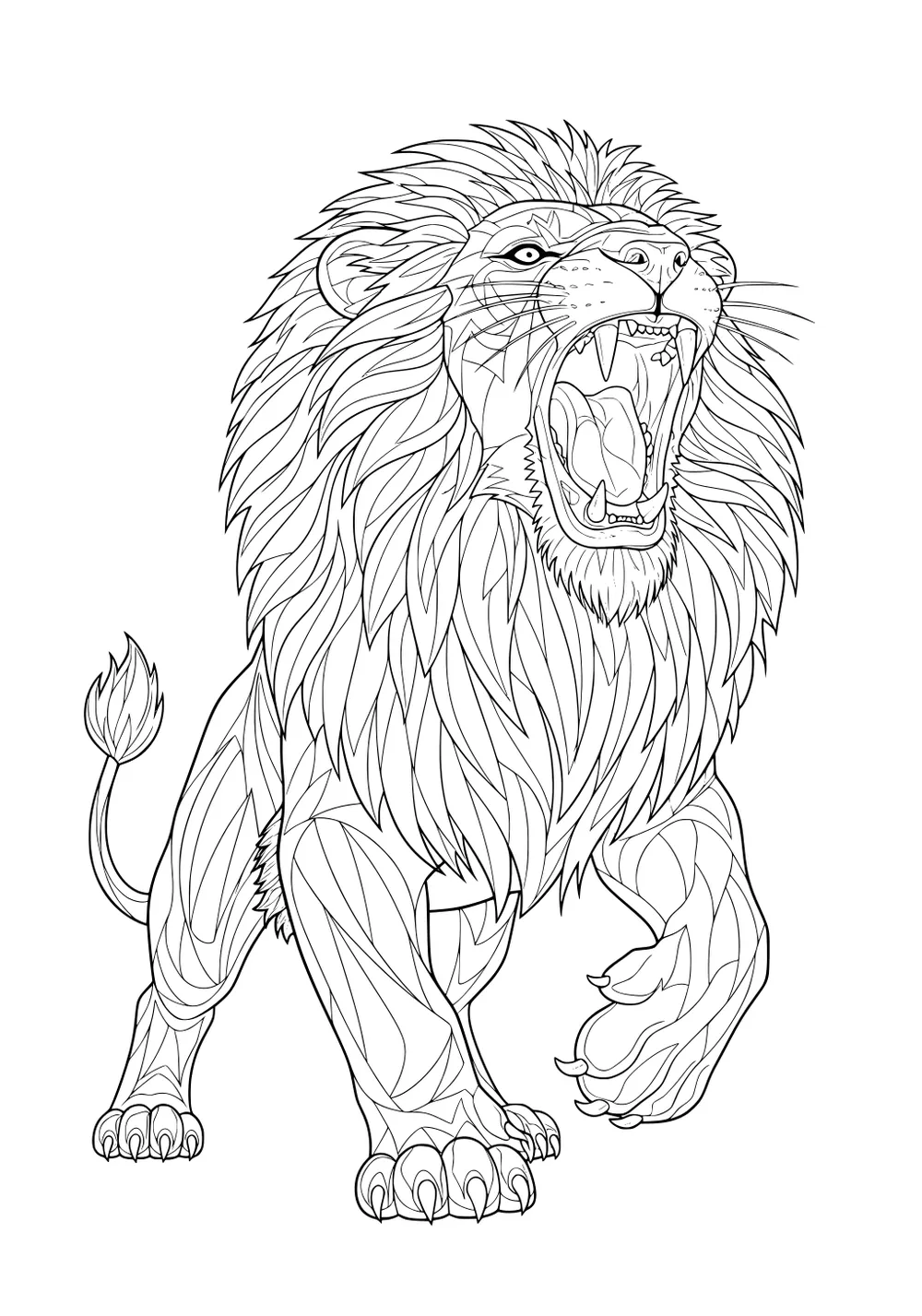 Detailed illustration of a roaring lion with a full mane and open mouth, standing on four strong legs.