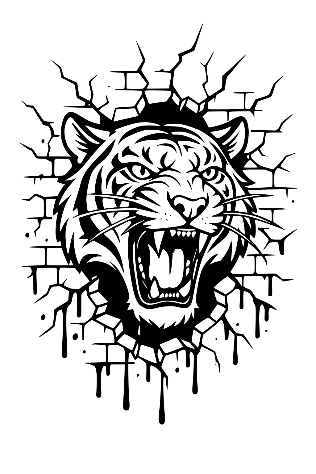 Roaring tiger head breaks through cracked brick wall with open mouth and falling bricks around its face.