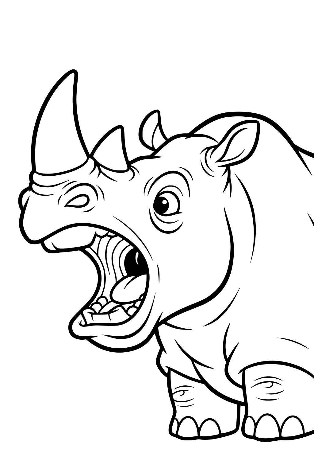Cartoon rhinoceros with two horns, mouth wide open, tongue and teeth showing, big eyes, and short legs.