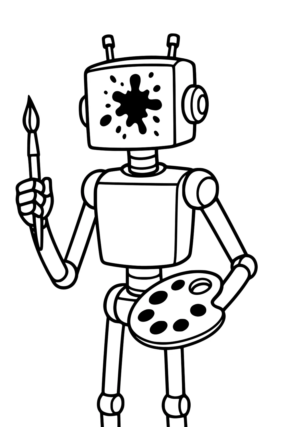 Robot with antennas holds a paintbrush and palette, paint splat on square head, jointed arms and legs in simple bold outline.