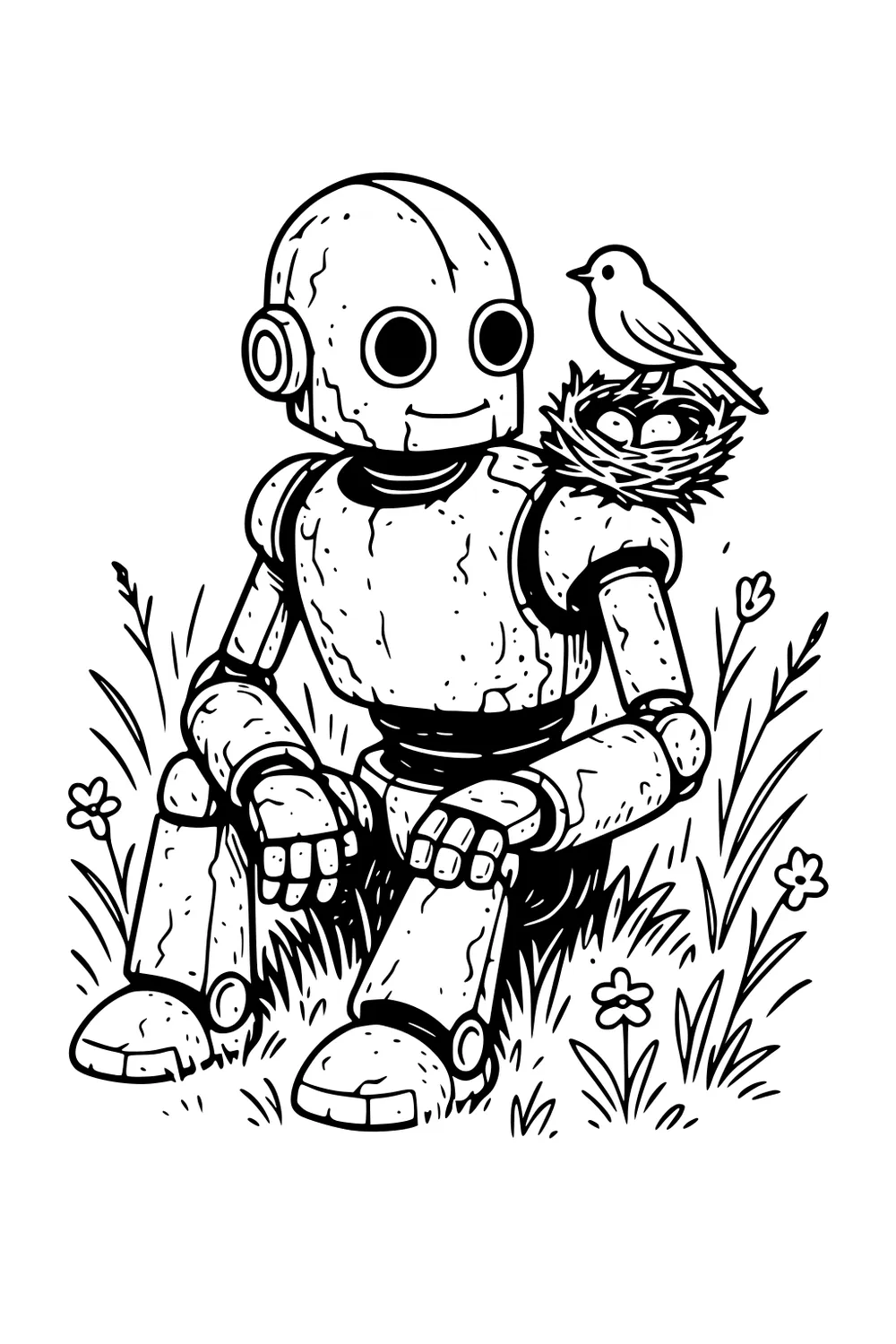 Smiling round-eyed robot sits in grass while a small bird perches on a shoulder nest with two eggs; flowers and tall grass surround them.