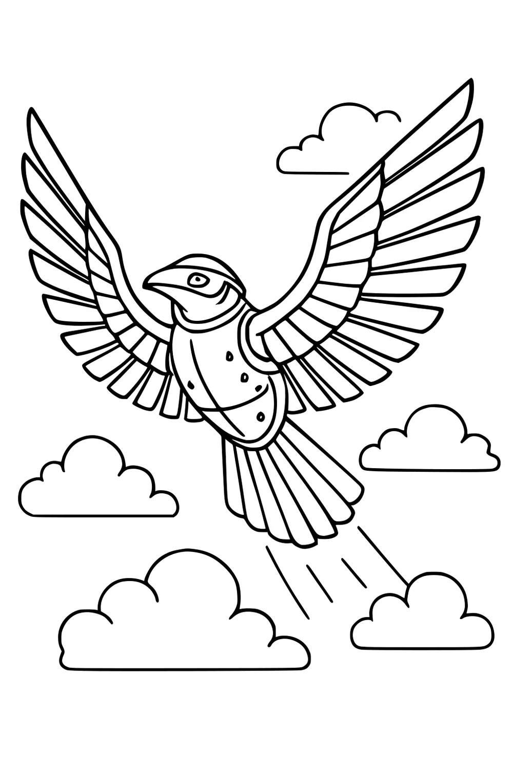 Robotic bird-shaped UFO with wide wings flying among puffy clouds, armored body panels, and motion lines from the tail.