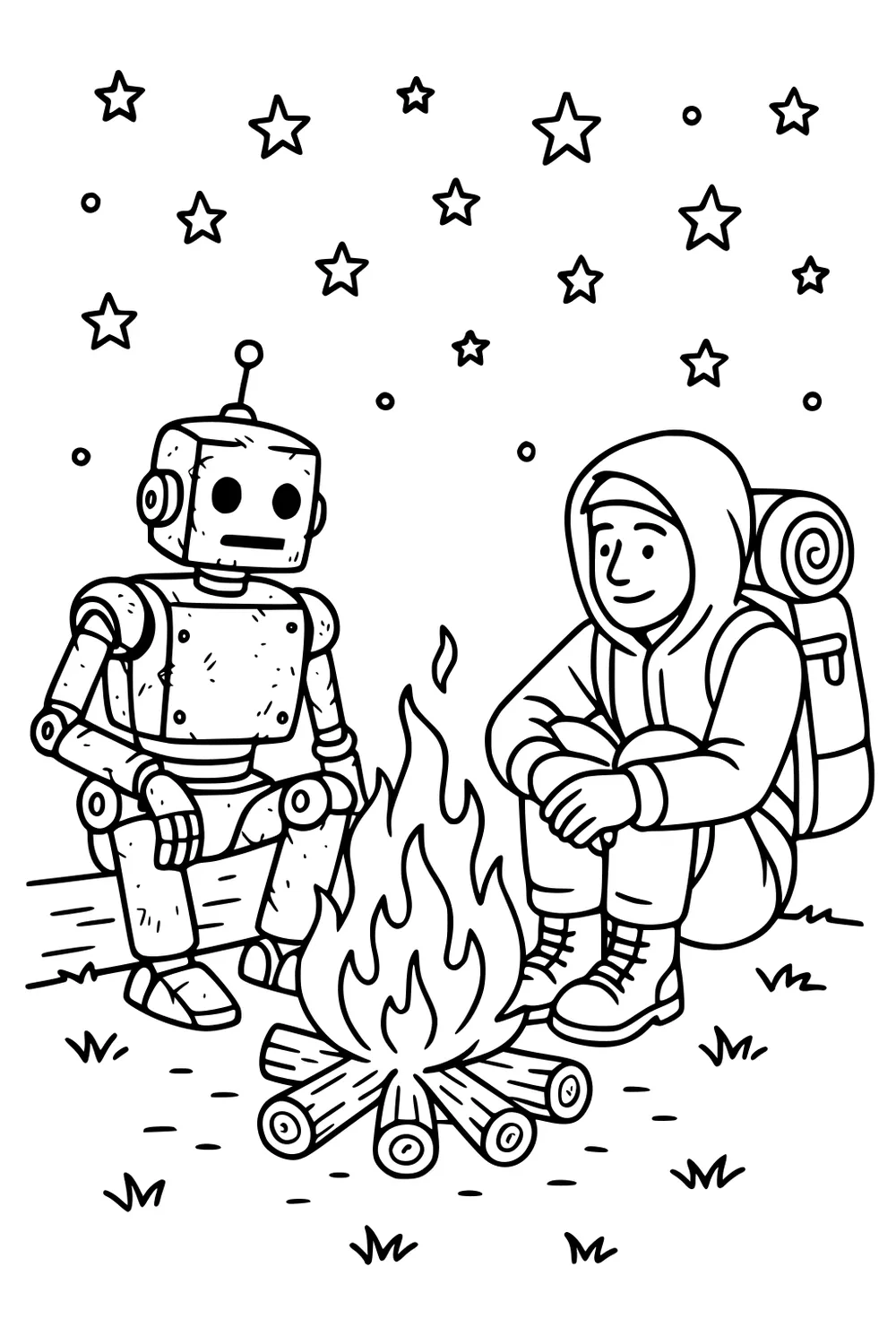 Boy in hoodie and backpack sits by a campfire with a boxy robot on a log under a starry sky, with grass tufts.