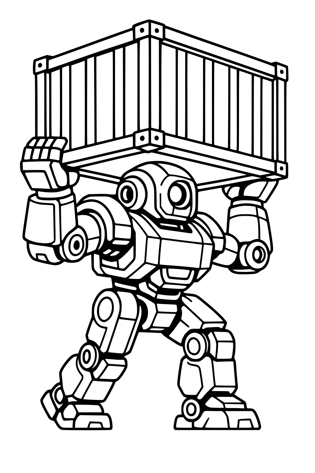 Cartoon robot hoists a large crate overhead; bent knees, chunky joints, bold outlines, slatted box with bolted corners.