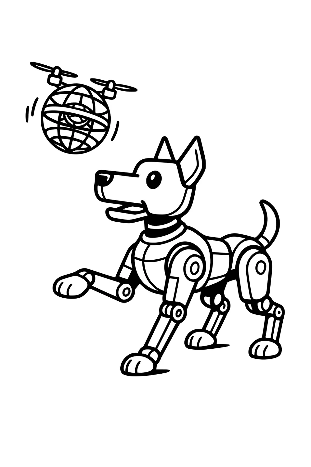 Robot dog with raised paw watches a small spherical drone with spinning propellers; bold outlines and open background.