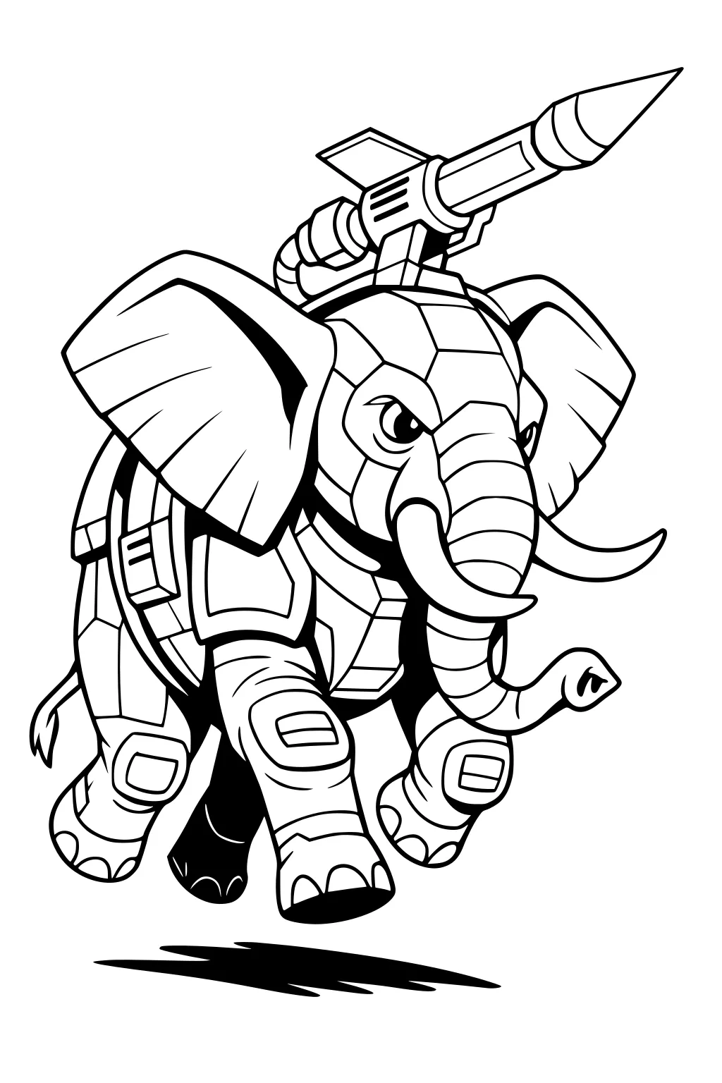 Armored robot elephant with a rocket launcher on its back, running forward, ears flared and trunk curled.