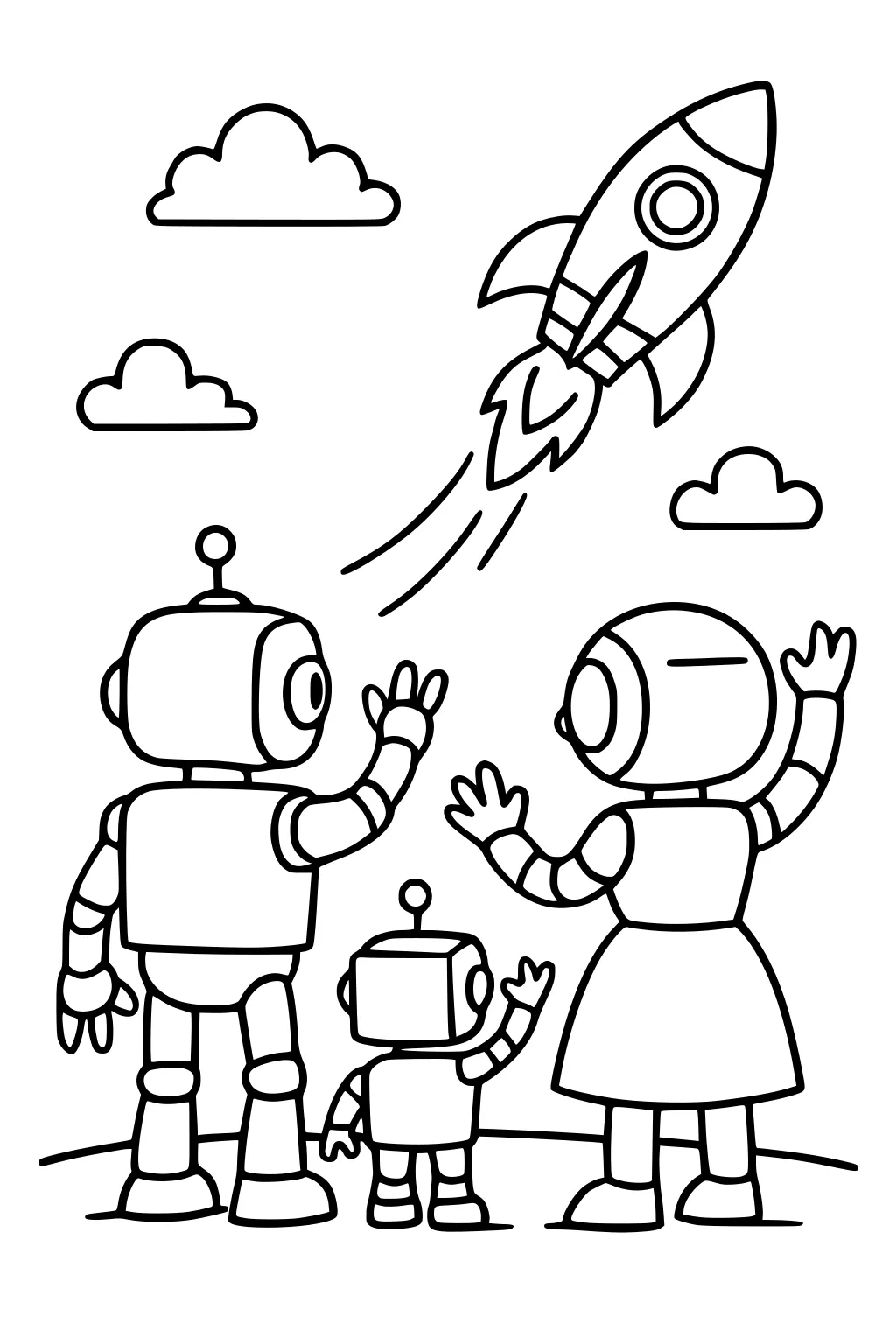 Robot mom, dad, and little boy wave as a rocket launches into a cloudy sky.
