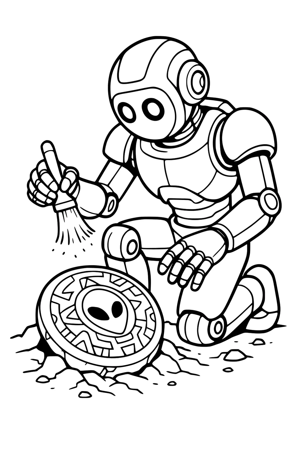 Cartoon robot kneels, brushing dirt from a buried round medallion with an alien face, on cracked ground with small rocks.