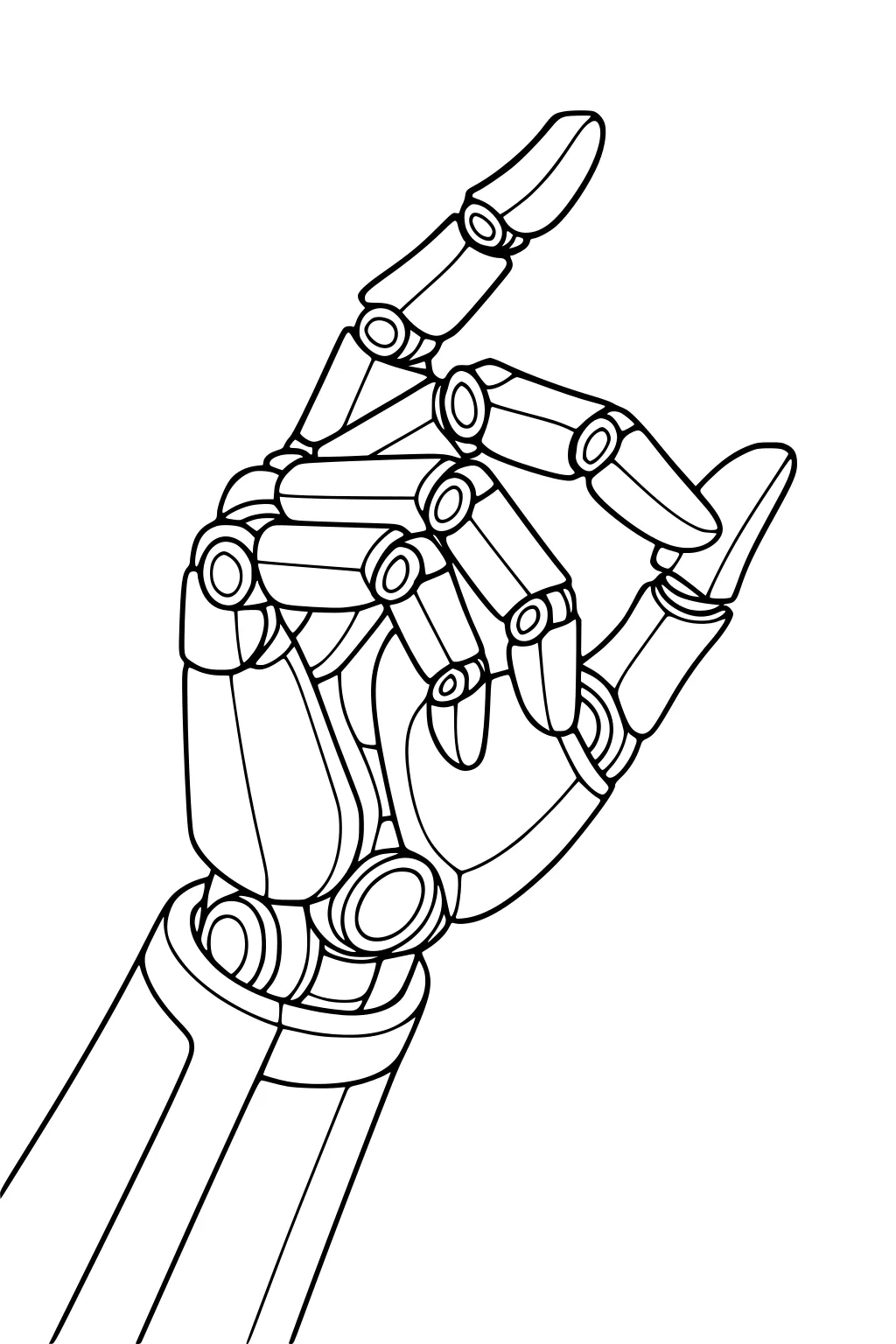 Robot hand with raised index finger, segmented metal fingers and round joints, visible wrist and palm plates, clean outline drawing.