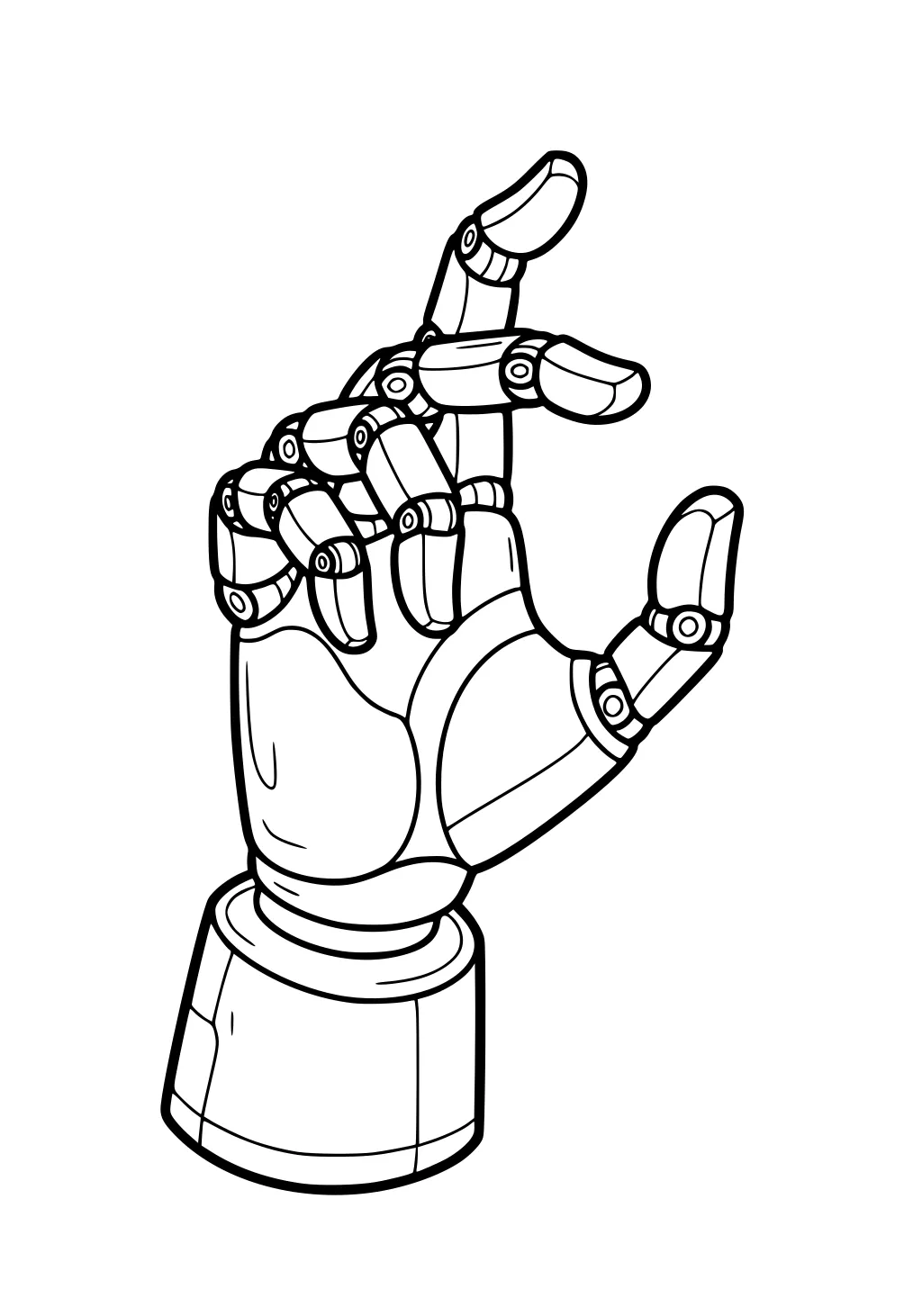 Robotic hand outline with segmented fingers and round joints, index finger lifted, on a cylindrical wrist base.