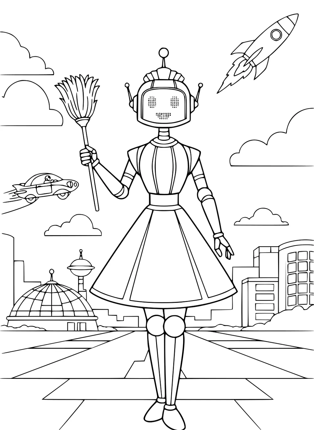 Smiling girl robot with feather duster in a futuristic city; rocket and flying car above; domed building, towers, clouds, wide path.