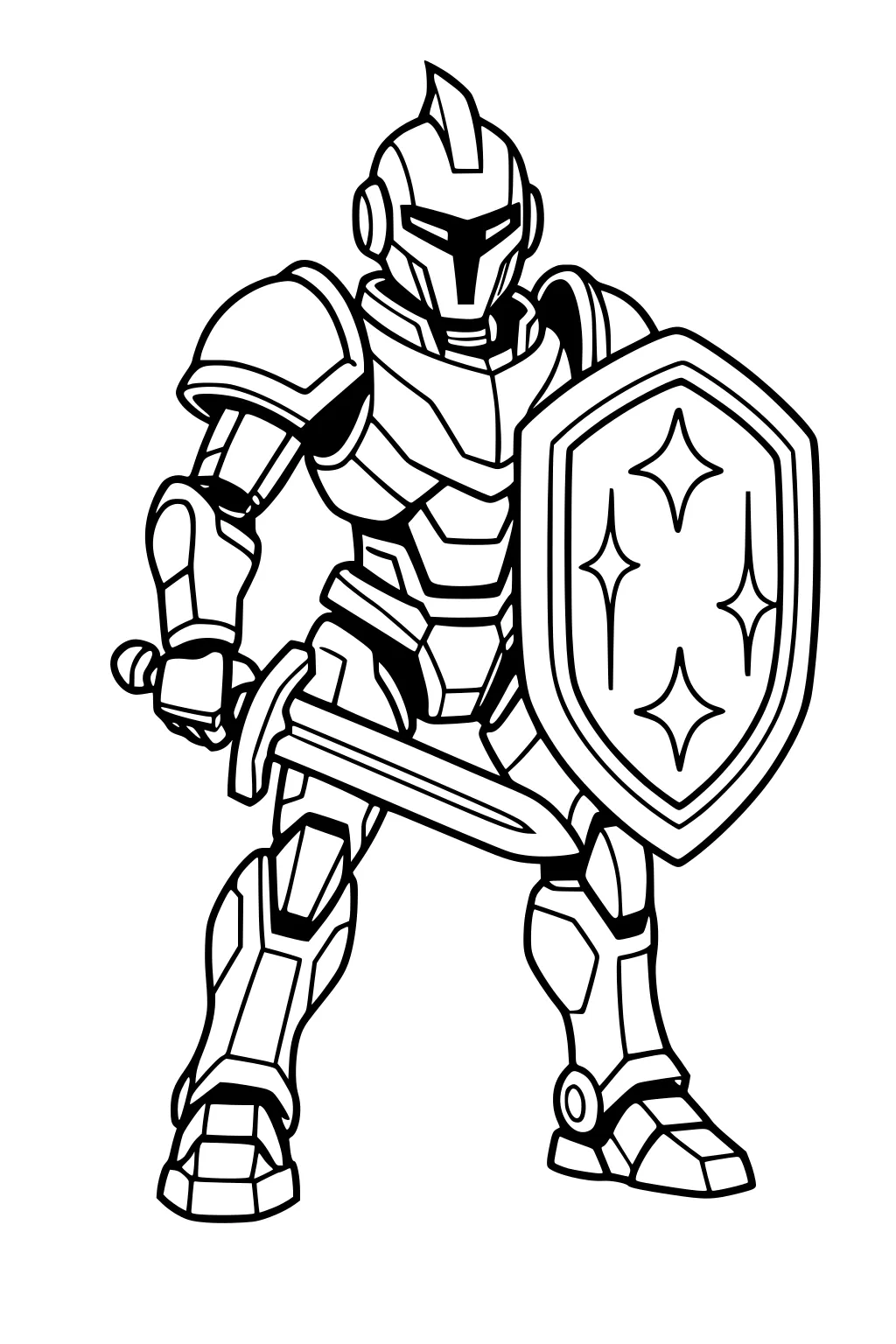 Robot knight in armor holds sword and star-marked shield, helmet with crest, wide stance with big boots and segmented plates.