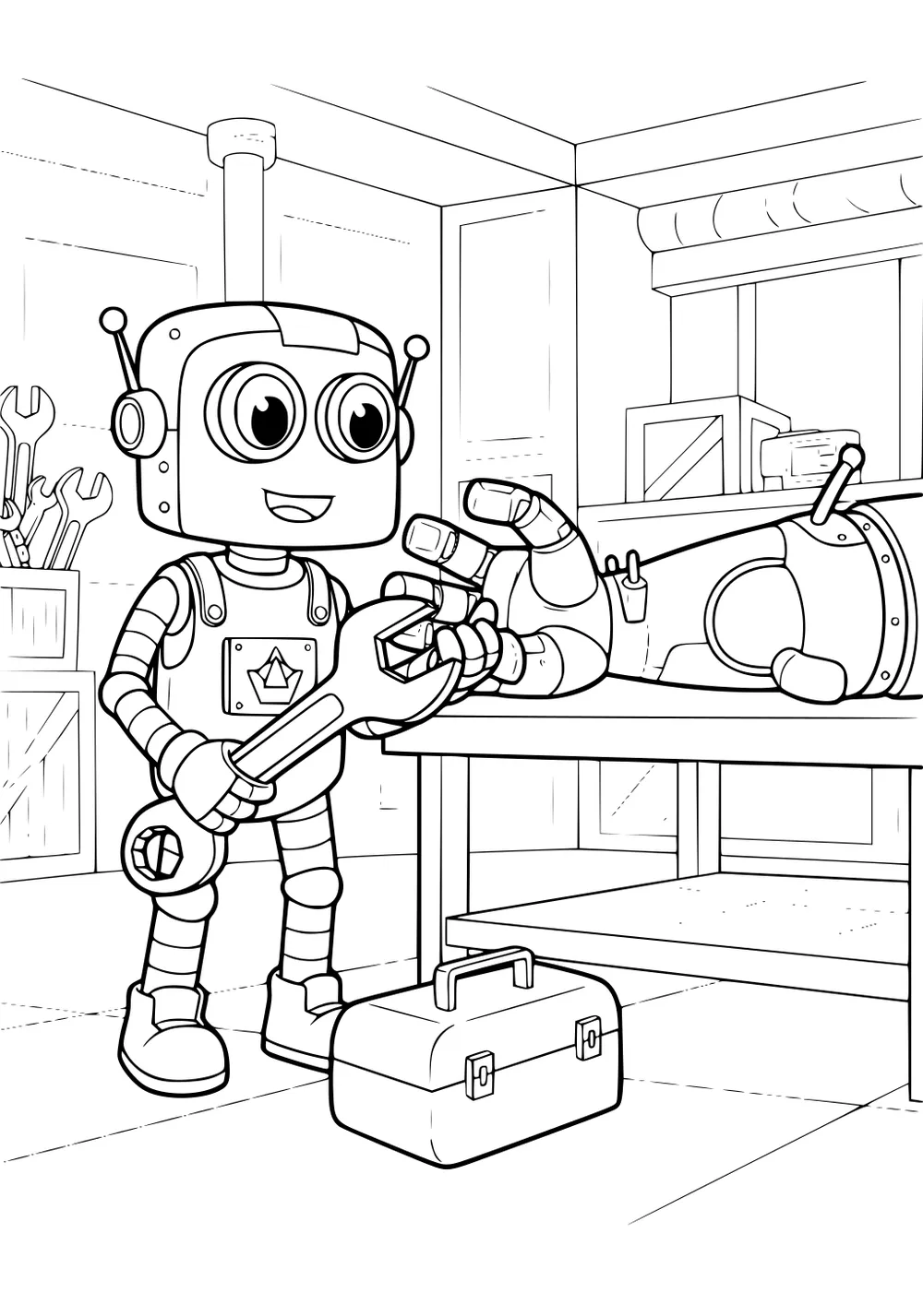 Smiling cartoon robot boy uses a wrench to fix a robot arm on a table in a workshop with tools, toolbox, and shelves.