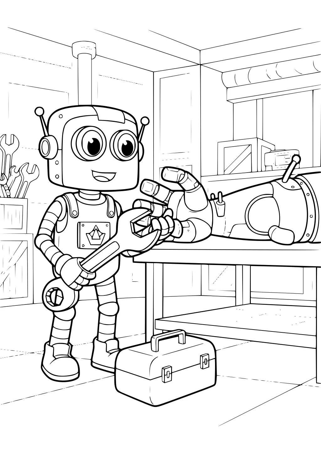 Smiling cartoon robot boy uses a wrench to fix a robot arm on a table in a workshop with tools, toolbox, and shelves.