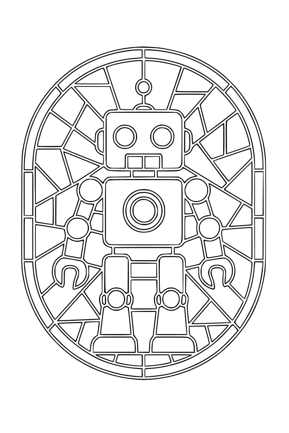 Cartoon robot with square head, round eyes, antenna, claw hands and boots inside an oval stained-glass style geometric frame.