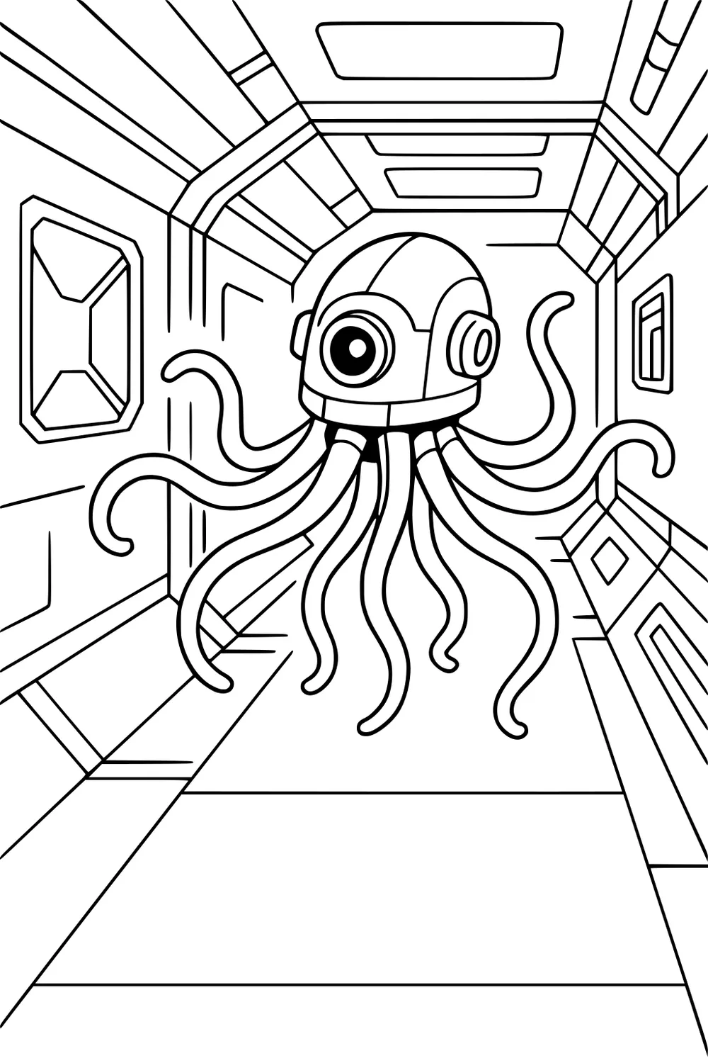Octopus-like robot with a single round eye floats through a sci-fi hallway with panels and windows, tentacles waving.
