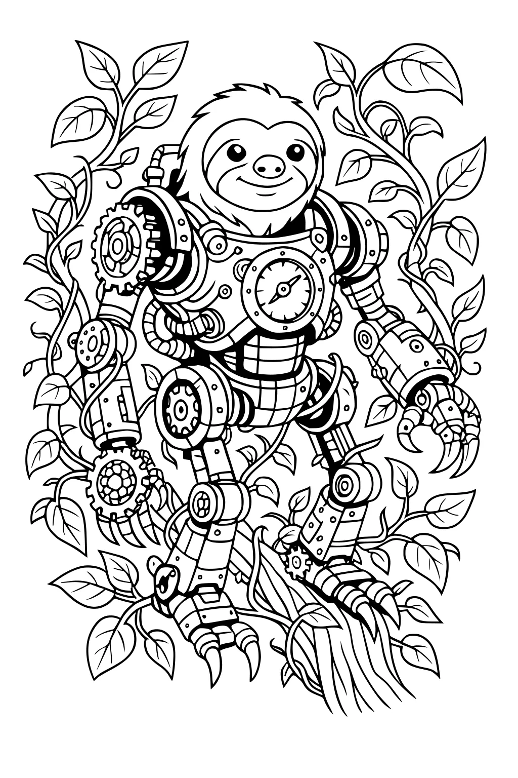 Sloth in a mechanical robot suit surrounded by vines and large jungle leaves.