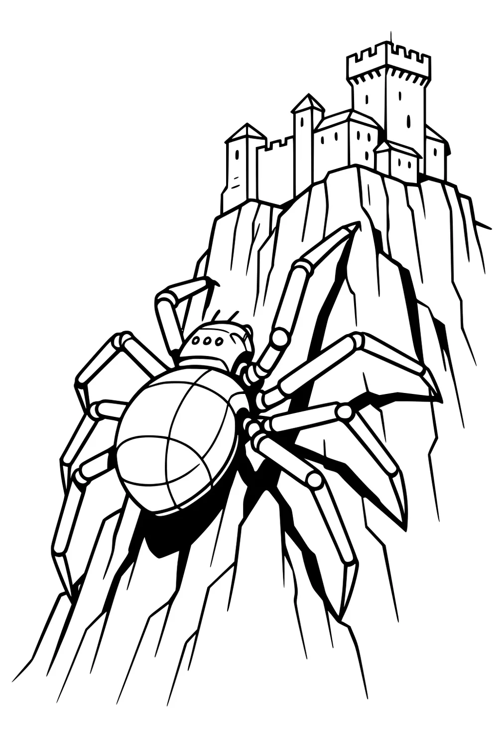 Robot spider with jointed legs climbing a rocky cliff toward a tall castle with towers, outlined for children to color.