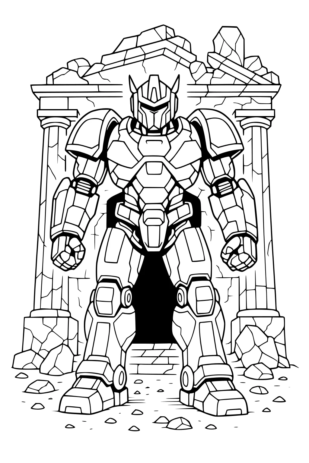Armored robot with clenched fists stands before cracked stone columns and a dark temple doorway, with scattered rocks at his feet.